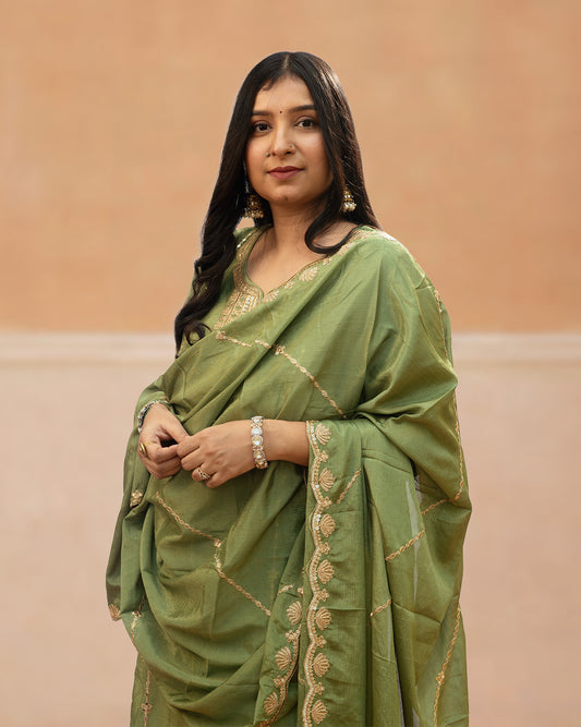 Chinon Silk Sharara Suit Set - Olive Green