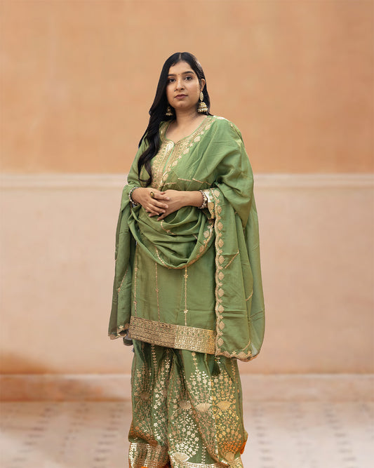 Chinon Silk Sharara Suit Set - Olive Green