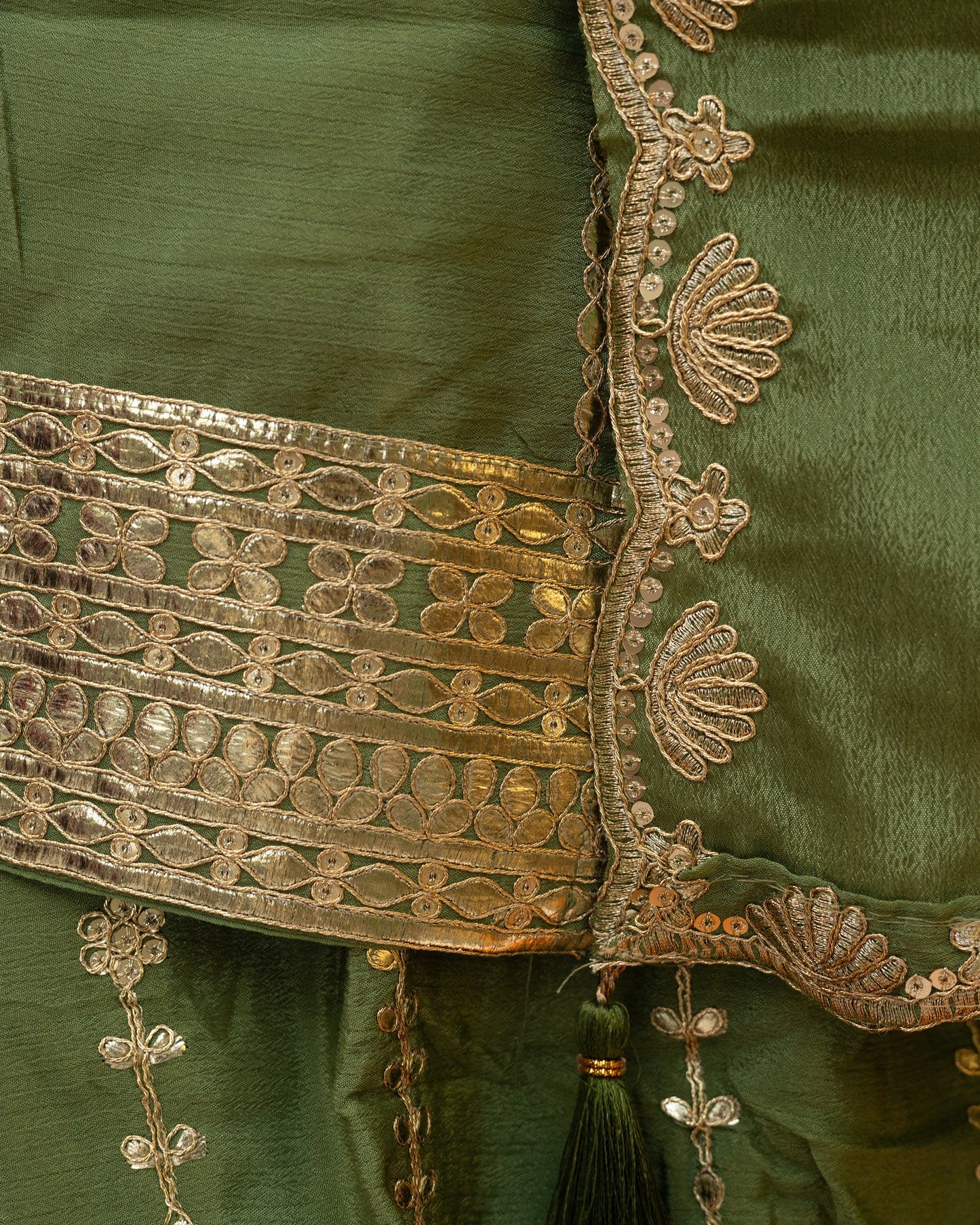Chinon Silk Sharara Suit Set - Olive Green
