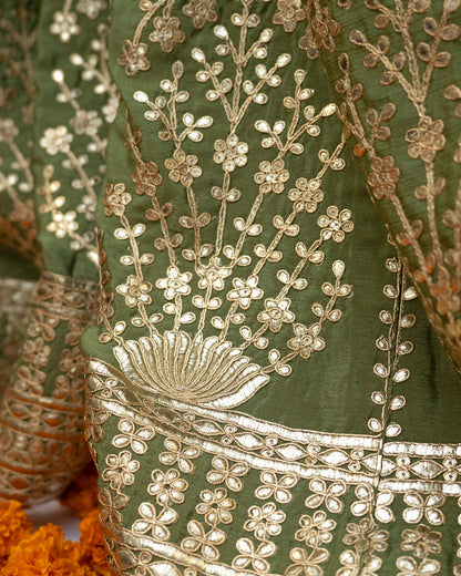 Chinon Silk Sharara Suit Set - Olive Green