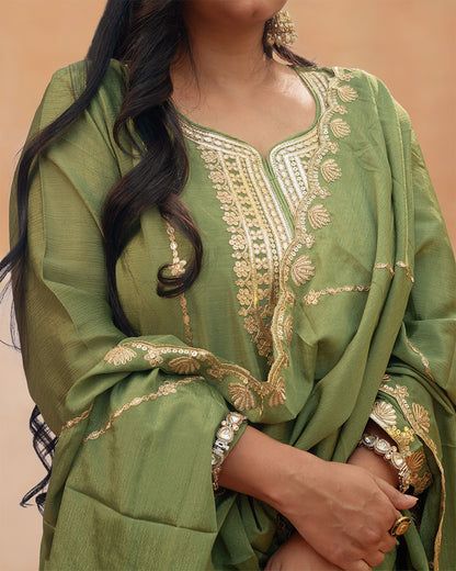 Chinon Silk Sharara Suit Set - Olive Green