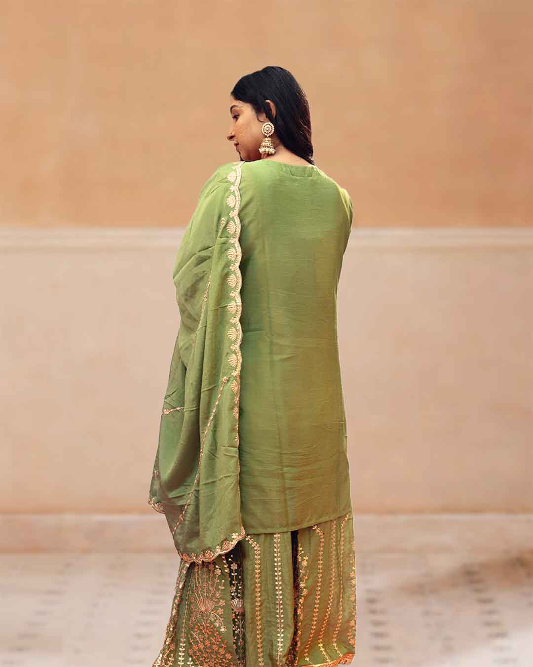 Chinon Silk Sharara Suit Set - Olive Green