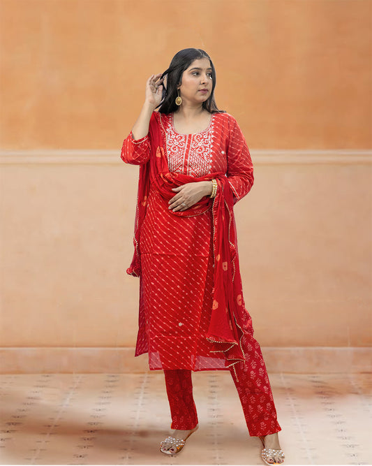 Red Lehariya Cotton Suit