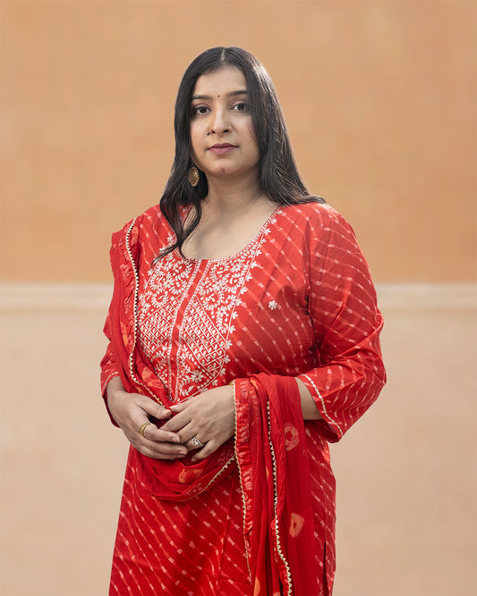 Red Lehariya Cotton Suit
