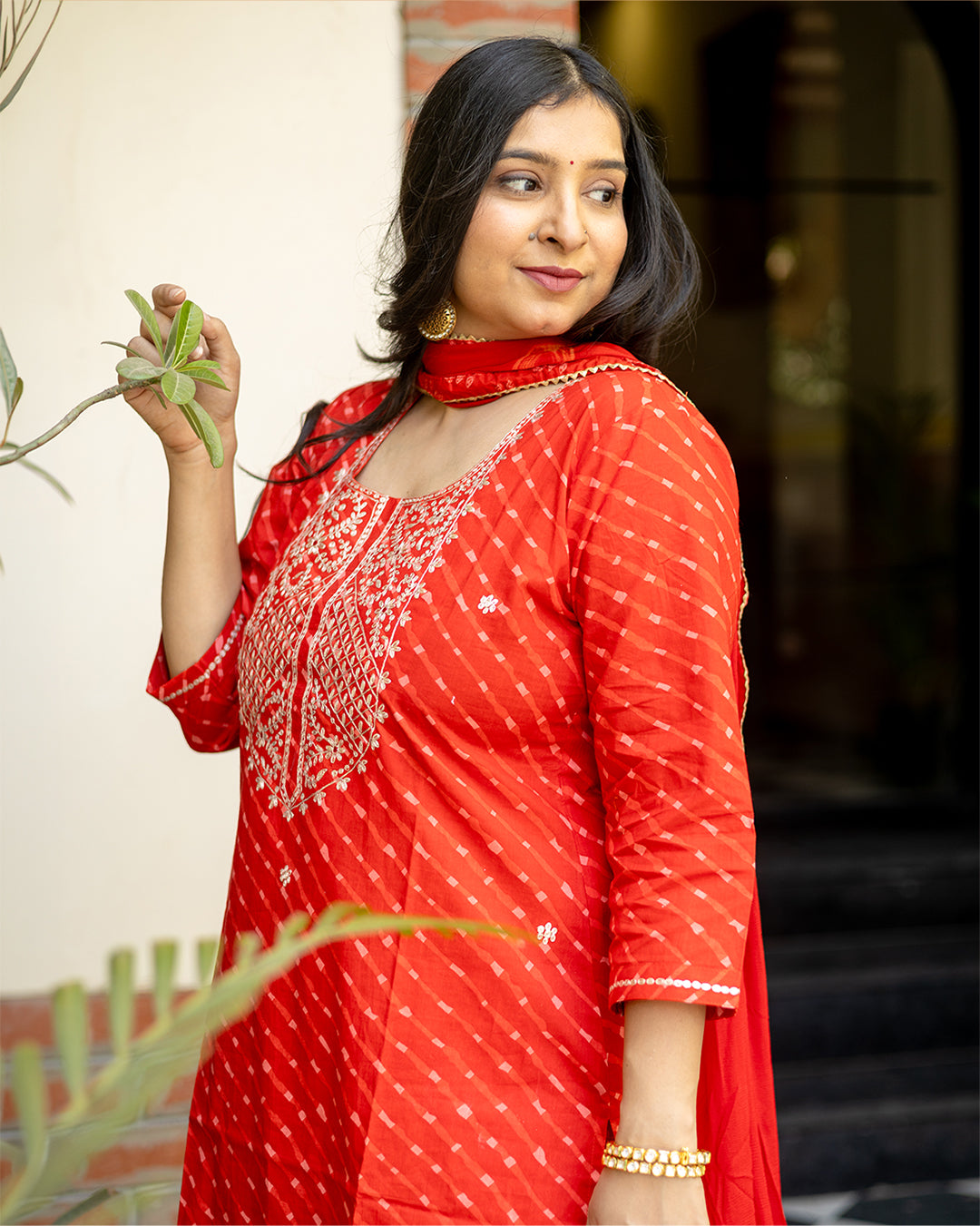 Red Lehariya Cotton Suit