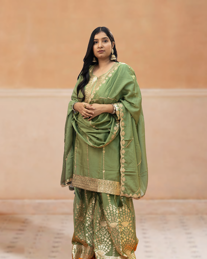 Chinon Silk Sharara Suit Set - Olive Green